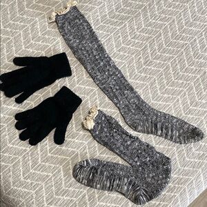 Black, white & cream lace trim Knit boot Socks and Black Gloves Set